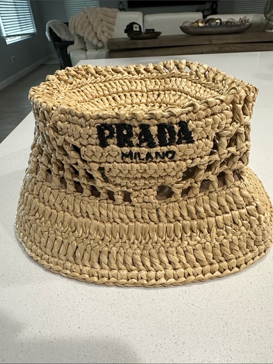 Accessories - Prada Natural Straw Bucket Hat with Black Satin Logo Tag